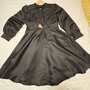 Ivy City Co Black Satin Puff Sleeve Dress